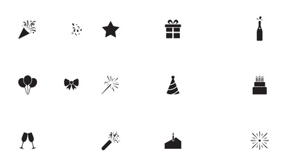 Obraz premium Party celebration icons set including confetti cake and champagne glasses for festivals.