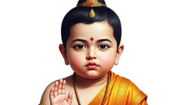 Portrait of a divine baby boy in traditional indian attire isolated on white background