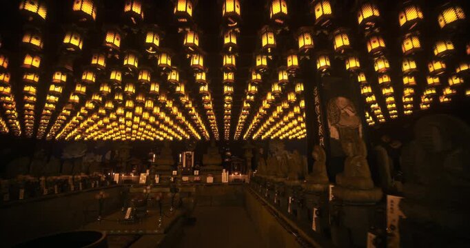 Hundreds of Glowing Lanterns Inside a Ancient Buddhist Temple Hall Japan, Steady Cam Movement
