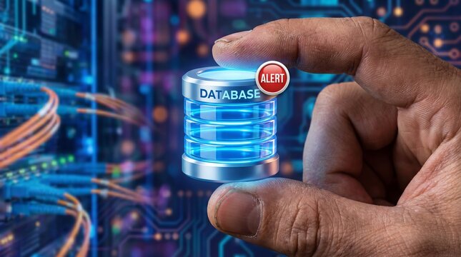 Human hand holding glowing holographic database icon with critical alert status in front of blurred server room rack background representing data management and network security