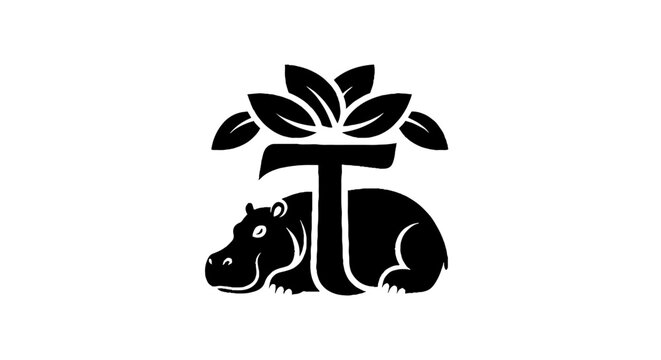 Hippopotamus resting under stylized tree silhouette.