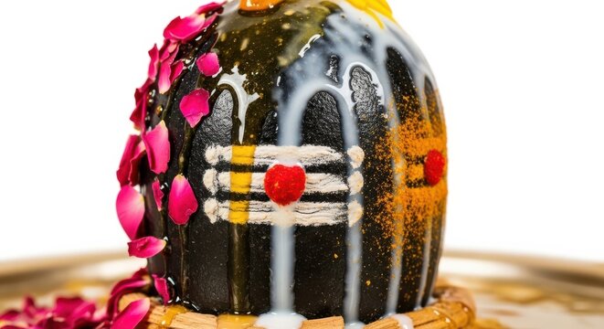Shiva lingam decorated with rose petals and sacred offerings