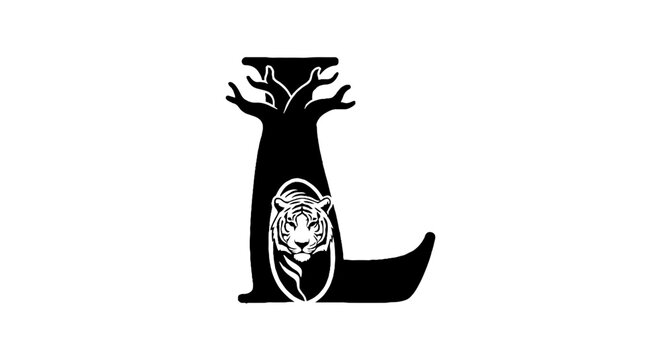Stylized Letter L with Tiger and Tree Design.
