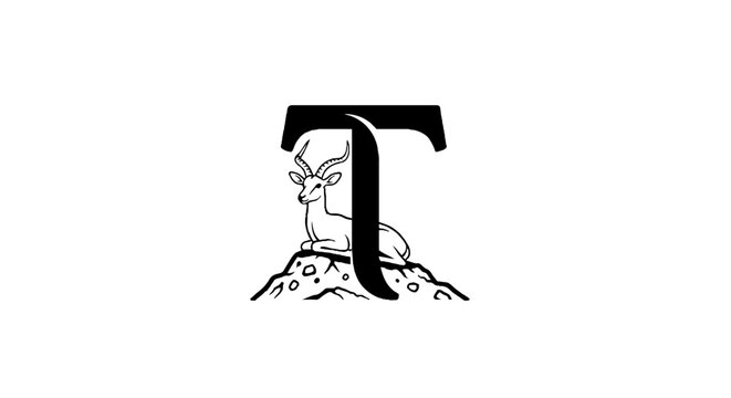 Illustrated letter T with mountain and tree design.