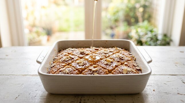 Sugar Syrup Drizzled Over Egyptian Semolina Cake Basbousa &ndash; Overhead Shot Baking Dish Syrup Pour Close-Up