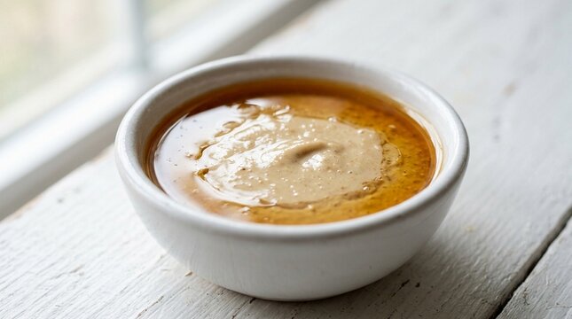 Tahini Close-Up Macro Smooth Pale Texture with Oil Separation &ndash; Egyptian Sesame Paste White Bowl Studio