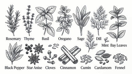 Culinary herbs and spices collection in hand drawn botanical style © aa