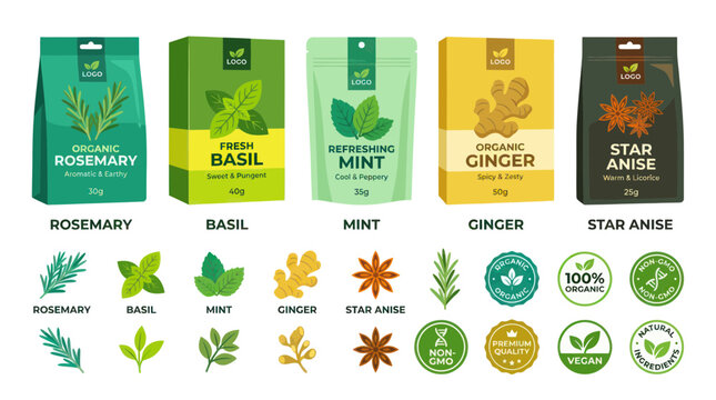 Organic herb and spice packaging design with botanical icons