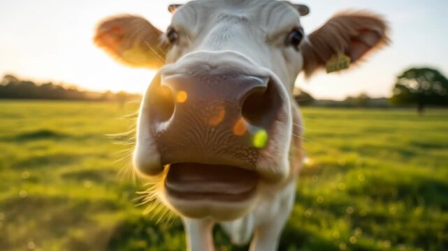 Close up of a curious cow in a grassy field at sunset.