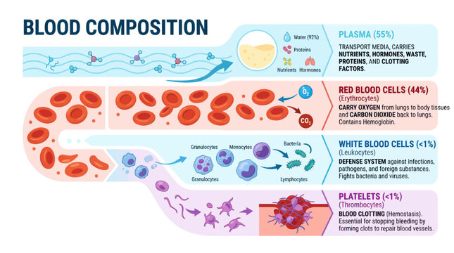 Human blood composition infographic with cells and plasma functions