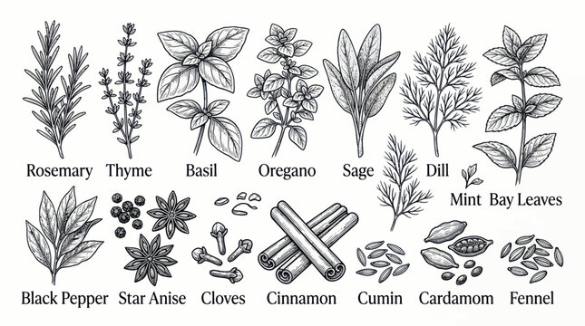 Culinary herbs and spices collection in hand drawn botanical style
