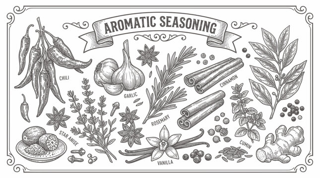 Aromatic seasonings and spices collection in vintage etching style