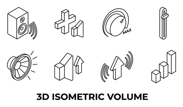 3d isometric volume control icons including speaker, plus signs, knobs, and sliders for audio settings.