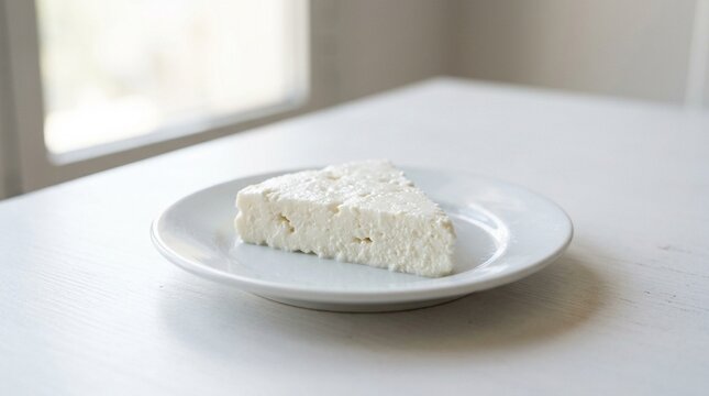 White Egyptian Cheese Gebna Beida Slice on White Plate &ndash; Salty Dairy Ingredient Macro Close-Up Studio Photo