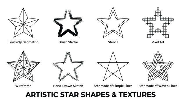 Artistic star shapes and textures featuring geometric brush stroke stencil pixel art wireframe styles.