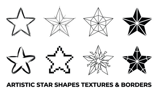 Artistic star shapes textures and borders diverse styles like pixel art brush stroke stencil geometric.