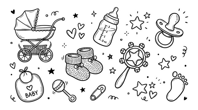 Hand drawn baby newborn doodle set, pram bottle pacifier bootie rattle, black ink sketch vector illustration