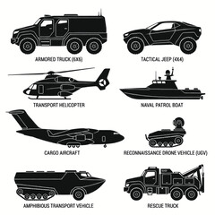 Collection of various military and transport vehicles including armored truck, tactical jeep, helicopter, boat, aircraft, drone, and rescue truck. © Bismillah