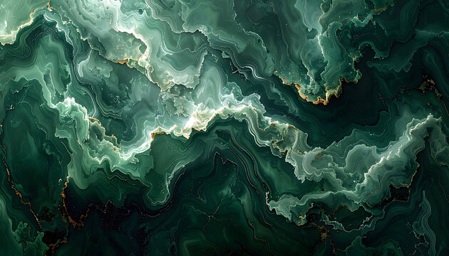Deep emerald green liquid marble texture with shimmering gold veins, elegant fluid background