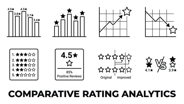 Comparative rating analytics, bar graphs, line charts, and review score comparisons.