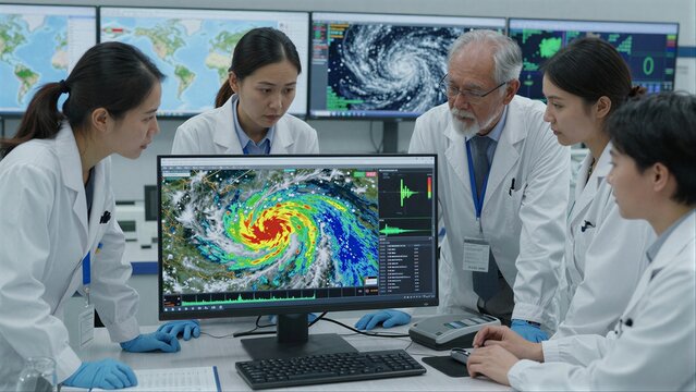 Meteorologists analyze hurricane data on screens in a high-tech lab.