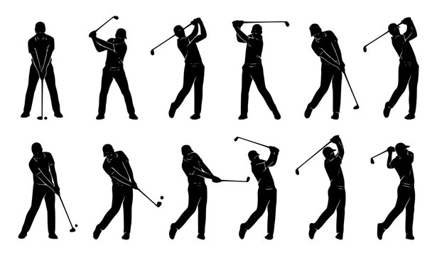 Dynamic Golf Swing Silhouettes Vector Set Golf Player Action Poses Collection