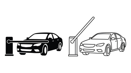 Obraz premium Barrier gate and sedan car black silhouette and line drawing