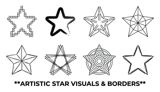 Creative star visuals and borders collection featuring pixel art brush strokes geometric patterns and decorative designs.