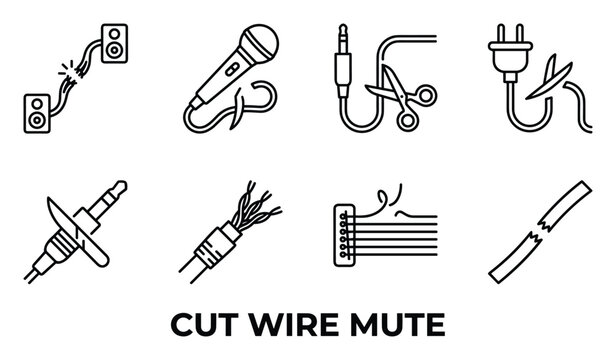 Cut wire mute icons set broken cables and audio equipment symbols for connection loss and signal interrupt.