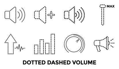 Obraz premium Dotted dashed volume icons with sound waves and bars indicating audio level control for speakers and music playback control.