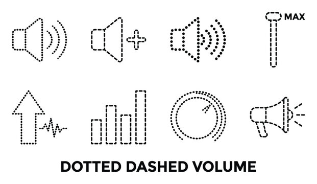 Dotted dashed volume icons with sound waves and bars indicating audio level control for speakers and music playback control.