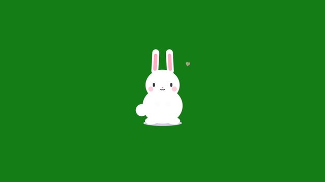 Cute White Bunny Rabbit Cartoon Character Animation on Green Screen Background.