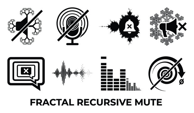Fractal recursive mute icons set in black and white for audio control vector.