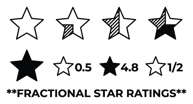 Fractional star ratings collection set empty full solid half outline filled and numeric values.