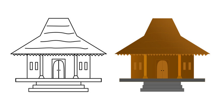 Javanese traditional house Joglo vector illustration set. Indonesian vernacular architecture building in line art outline and colored flat design isolated on white background