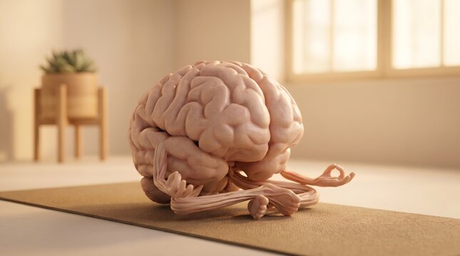 Model of human brain sitting on yoga mat with plant in the.