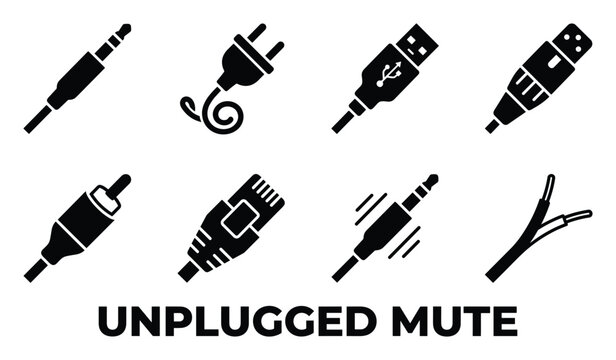 Unplugged mute audio connectors vector set including jack plug usb rca ethernet cable wire.