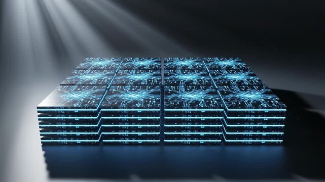 Abstract digital circuit board modules glowing with blue light on dark tiled surface, technology and data concepts