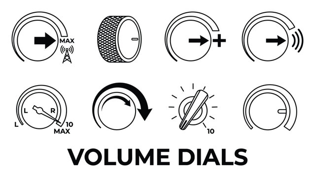 Volume dial icons showing different levels of sound adjustment, including max, min, and mute settings.
