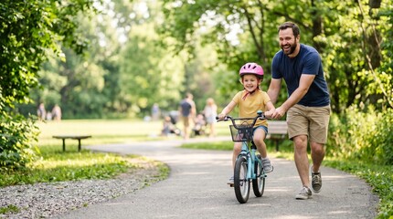 Fototapeta premium Inspiring Father's Day lifestyle image capturing a father supporting his child while learning to ride a bicycle.