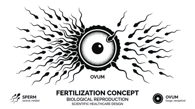 Human fertilization process with sperm cells and ovum diagram