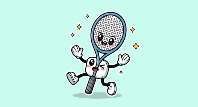 Anthropomorphic tennis racket character in dynamic motion.