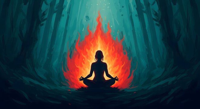 Happy yoga day silhouette of woman meditating in lotus pose with flames