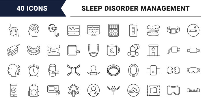 Sleep apnea management line icon set. Vector pictograms of cpap therapy, respiratory health, sleep disorder diagnosis, and medical equipment elements, thin linear illustration.