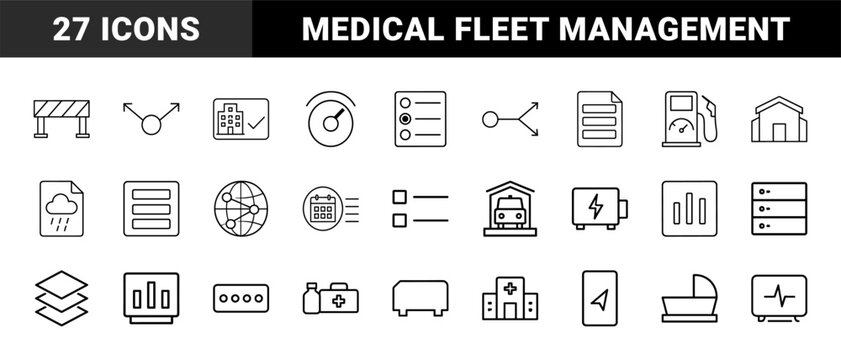 Ambulance dispatch workflow line icon set. Vector pictograms of emergency call, vehicle routing, crew assignment, and response analytics elements, thin linear illustration.