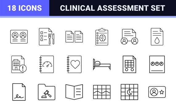 Mental health intake line icon set. Vector pictograms of patient registration, clinical assessment, psychological screening, and admission process elements, thin linear illustration.