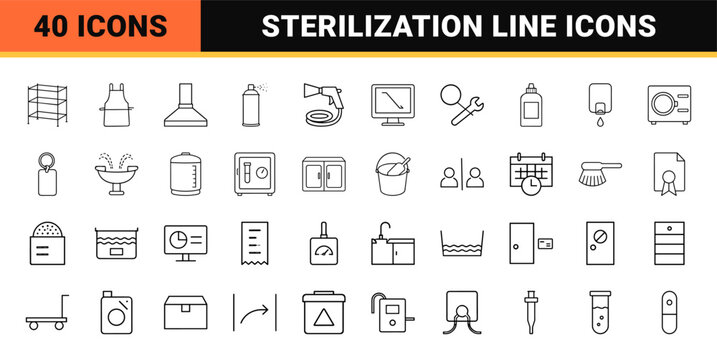 Medical device cleaning line icon set. Vector pictograms of sterilization, decontamination, infection control, and hospital hygiene elements, thin linear illustration.