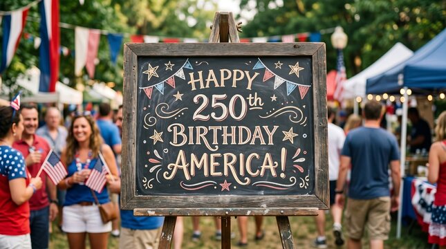 Chalkboard sign with happy 250th birthday text displayed at American Independence Day celebration. Crowd of happy people with American flags at outdoor patriotic holiday event in summer