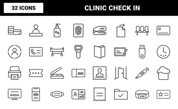 Patient admission line icon set. Vector pictograms of clinic intake, hospital reception, medical administration, and healthcare scheduling elements, thin linear illustration.