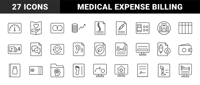 Deductible tracking line icon set. Vector pictograms of insurance healthcare, medical expense, financial billing, and coverage limit elements, thin linear illustration.